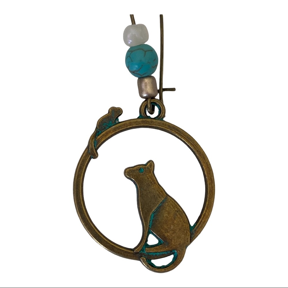 Boho Cat Dangle Earrings with Turquoise Accent - Picture 2 of 5